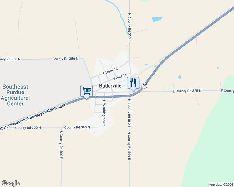 map of restaurants, bars, coffee shops, grocery stores, and more near 5410 U.S. 50 in Butlerville