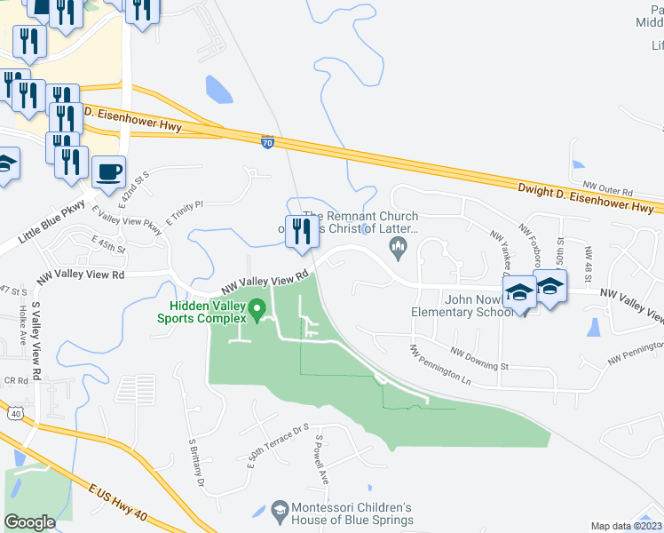 map of restaurants, bars, coffee shops, grocery stores, and more near 1364 Northwest Hidden Ridge Court in Blue Springs