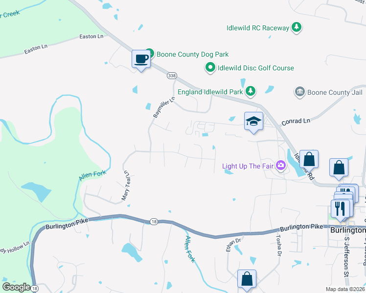 map of restaurants, bars, coffee shops, grocery stores, and more near 6408 Kemper Court in Burlington