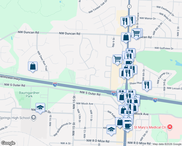 map of restaurants, bars, coffee shops, grocery stores, and more near 1123 Northwest Porter Court in Blue Springs