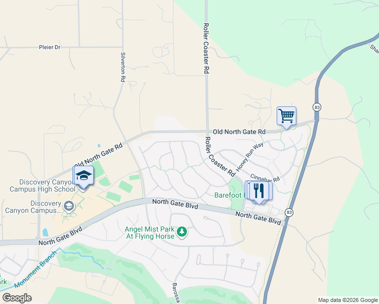 map of restaurants, bars, coffee shops, grocery stores, and more near 13944 Sierra Knolls Court in Colorado Springs