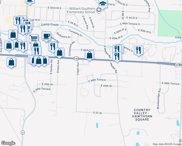 map of restaurants, bars, coffee shops, grocery stores, and more near 14910 East 47th Terrace in Kansas City