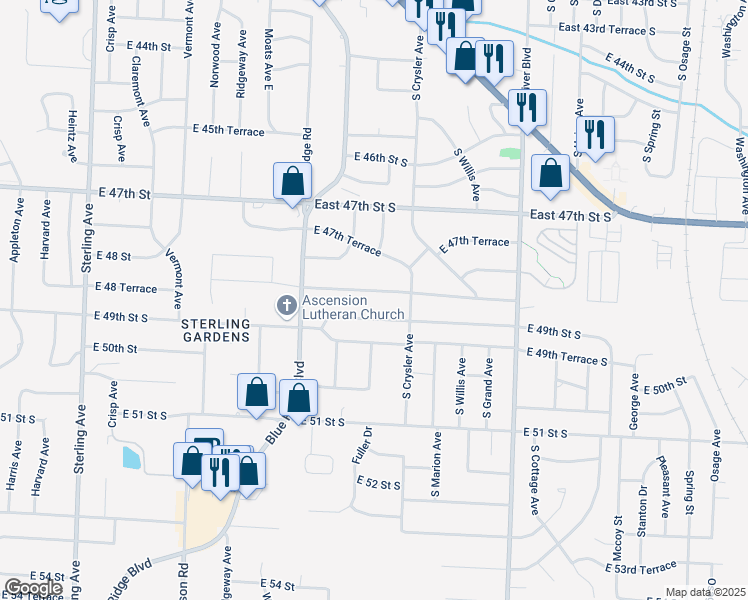 map of restaurants, bars, coffee shops, grocery stores, and more near 12212 East 49th Street South in Independence