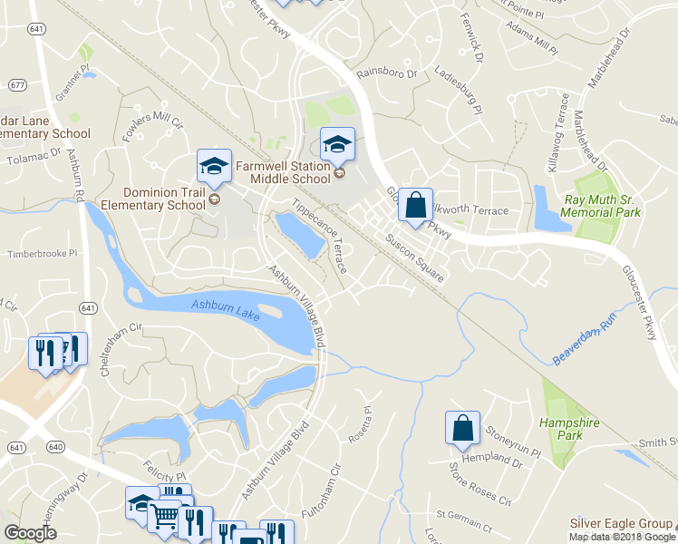 map of restaurants, bars, coffee shops, grocery stores, and more near 44199 Tippecanoe Terrace in Ashburn
