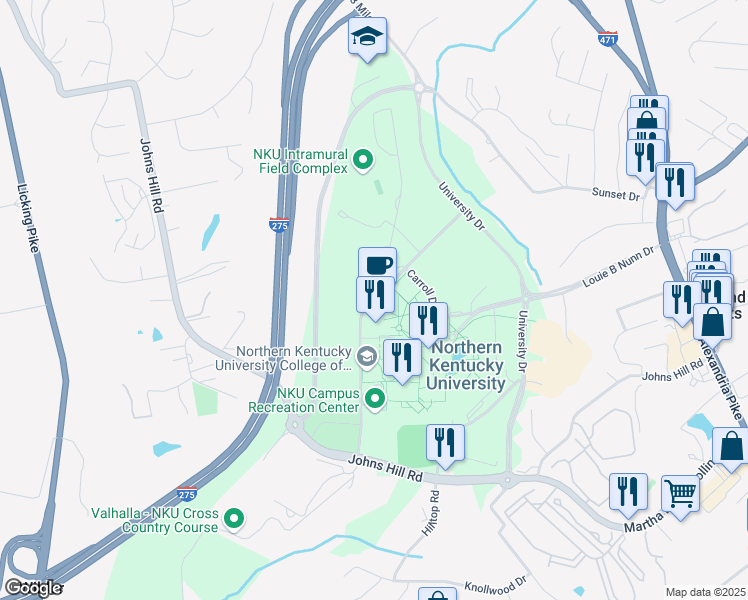 map of restaurants, bars, coffee shops, grocery stores, and more near Kenton Drive in Highland Heights