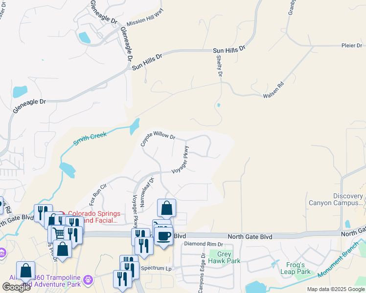 map of restaurants, bars, coffee shops, grocery stores, and more near 13952 Voyager Parkway in Colorado Springs
