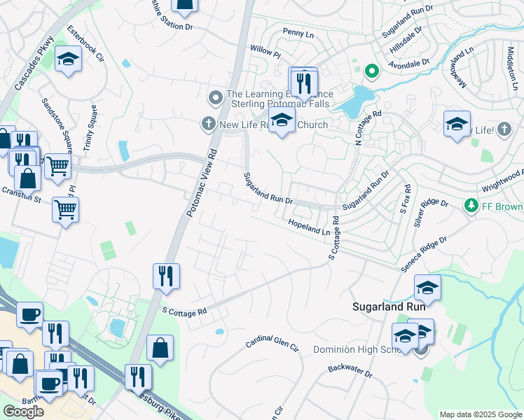 map of restaurants, bars, coffee shops, grocery stores, and more near 408 Giles Place in Sterling