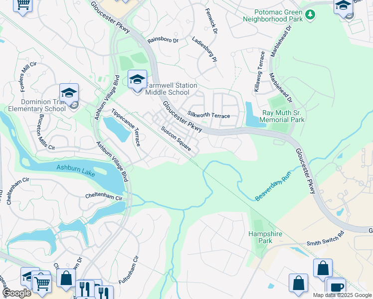 map of restaurants, bars, coffee shops, grocery stores, and more near 44293 Suscon Square in Ashburn