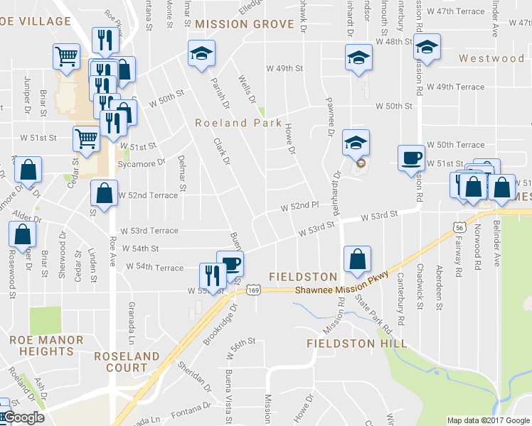 map of restaurants, bars, coffee shops, grocery stores, and more near 4750 Neosho Lane in Roeland Park