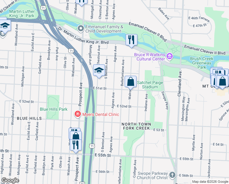 map of restaurants, bars, coffee shops, grocery stores, and more near 5112 Bellefontaine Avenue in Kansas City