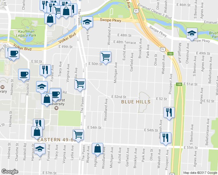 map of restaurants, bars, coffee shops, grocery stores, and more near 5140 Woodland Avenue in Kansas City