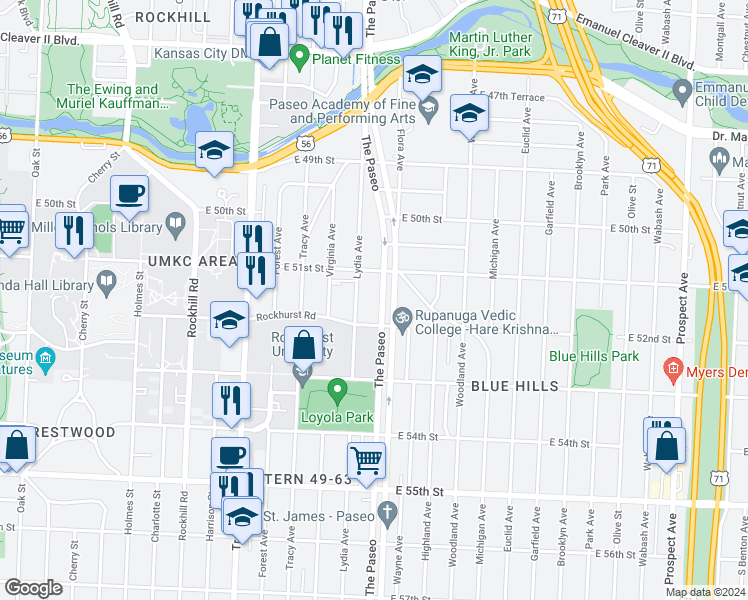 map of restaurants, bars, coffee shops, grocery stores, and more near 5136 The Paseo in Kansas City