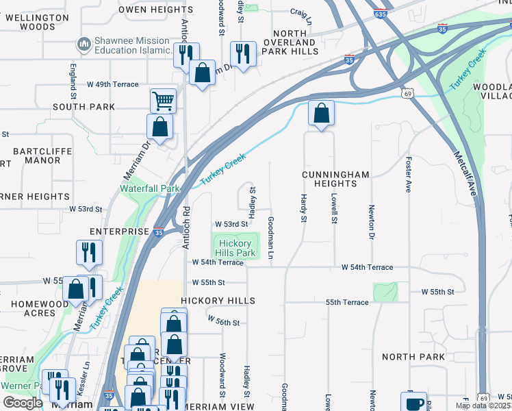 map of restaurants, bars, coffee shops, grocery stores, and more near 8209 West 52nd Terrace in Mission
