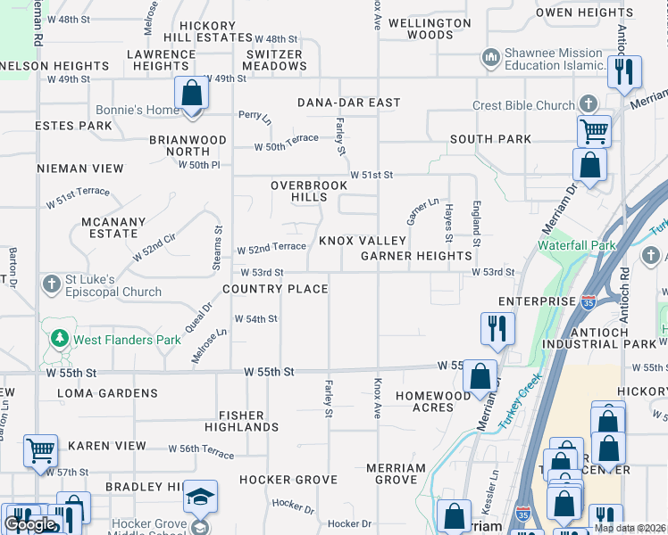 map of restaurants, bars, coffee shops, grocery stores, and more near 5310 Farley Avenue in Shawnee