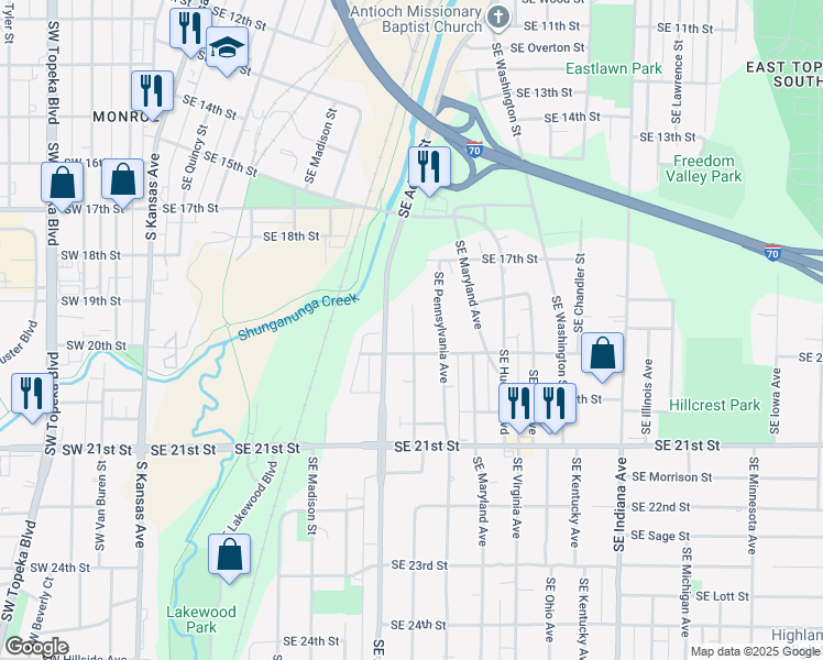 map of restaurants, bars, coffee shops, grocery stores, and more near 1828 Southeast Massachusetts Avenue in Topeka