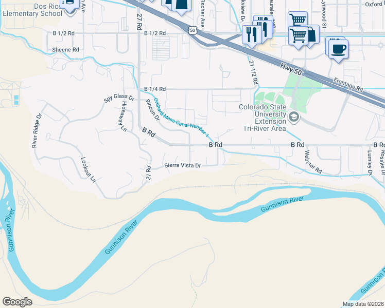 map of restaurants, bars, coffee shops, grocery stores, and more near 2726 Sierra Vista Road in Grand Junction