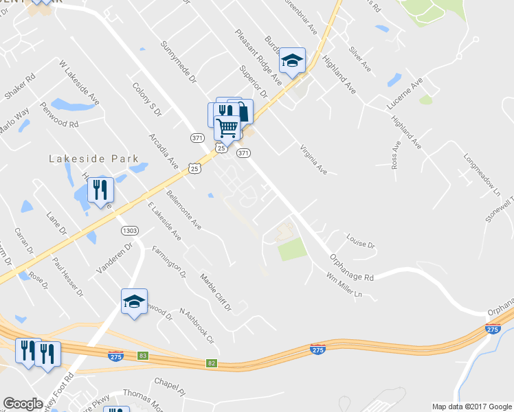 map of restaurants, bars, coffee shops, grocery stores, and more near 45 Orphanage Road in Fort Mitchell