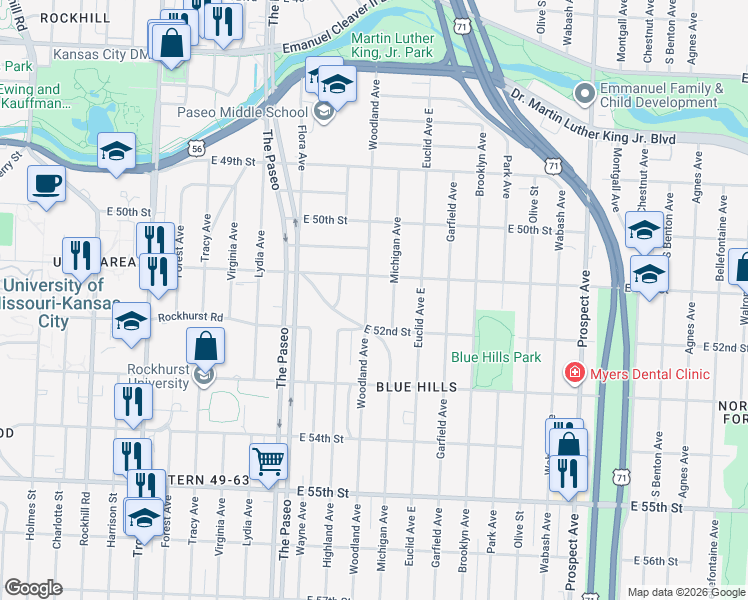 map of restaurants, bars, coffee shops, grocery stores, and more near 5140 Woodland Avenue in Kansas City