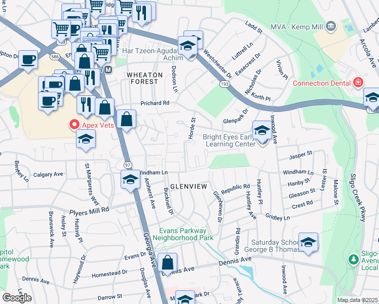 map of restaurants, bars, coffee shops, grocery stores, and more near 1200 McMahon Road in Wheaton-Glenmont