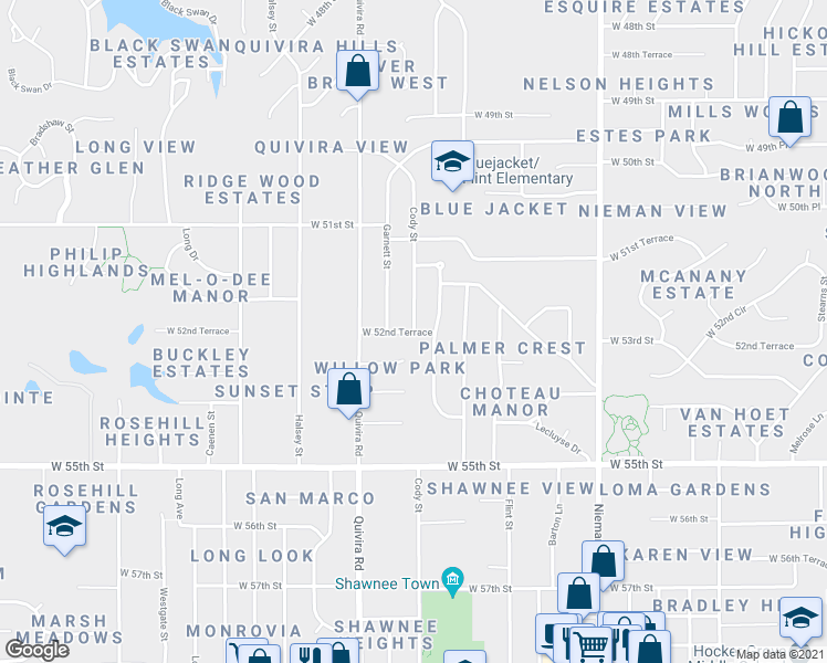 map of restaurants, bars, coffee shops, grocery stores, and more near 5298 Cody Street in Shawnee