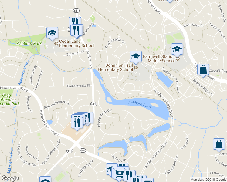map of restaurants, bars, coffee shops, grocery stores, and more near 21075 Roaming Shores Terrace in Ashburn