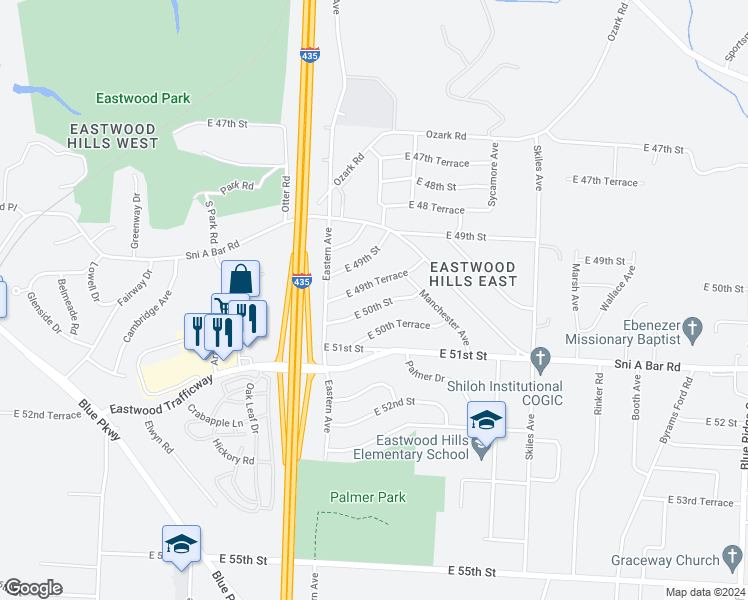 map of restaurants, bars, coffee shops, grocery stores, and more near 7508 East 50th Street in Kansas City
