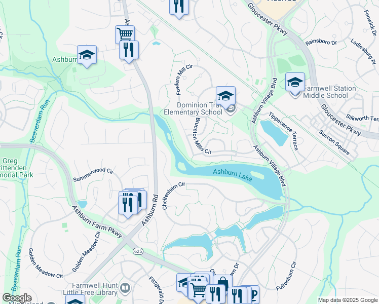 map of restaurants, bars, coffee shops, grocery stores, and more near 21075 Roaming Shores Terrace in Ashburn