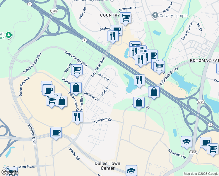 map of restaurants, bars, coffee shops, grocery stores, and more near 45824 Edwards Terrace in Sterling