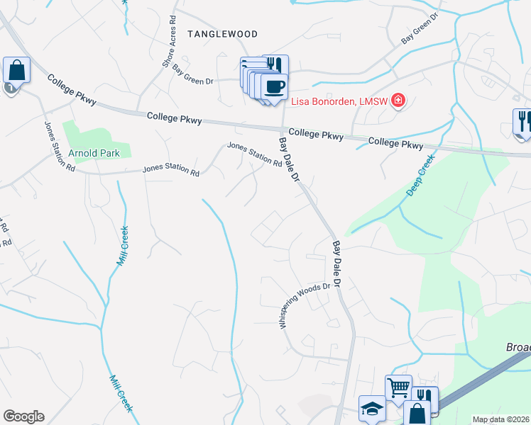 map of restaurants, bars, coffee shops, grocery stores, and more near 360 Carronade Way in Arnold