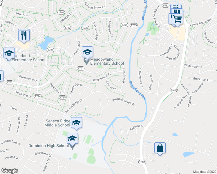 map of restaurants, bars, coffee shops, grocery stores, and more near 107 Victoria Place in Sterling