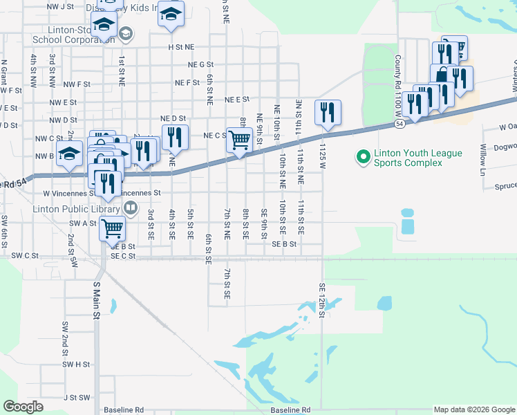 map of restaurants, bars, coffee shops, grocery stores, and more near 910 10th St SE in Linton
