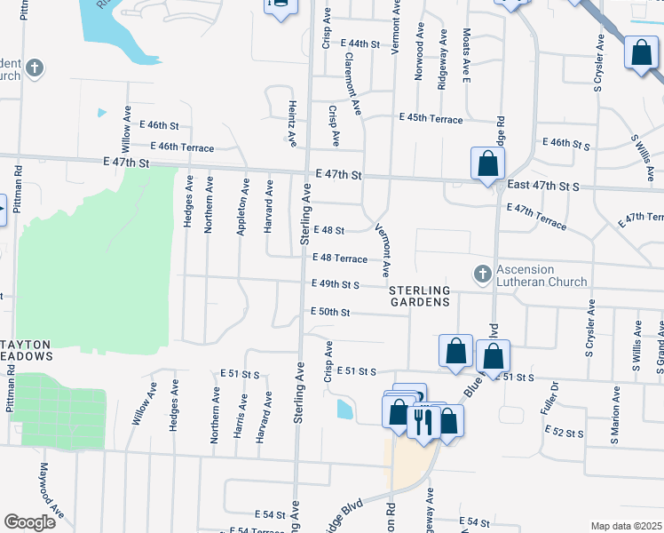 map of restaurants, bars, coffee shops, grocery stores, and more near 11204 East 49th Street South in Kansas City