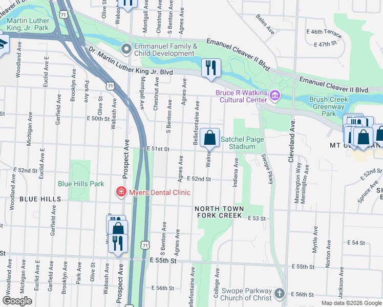 map of restaurants, bars, coffee shops, grocery stores, and more near 5110 Bellefontaine Avenue in Kansas City