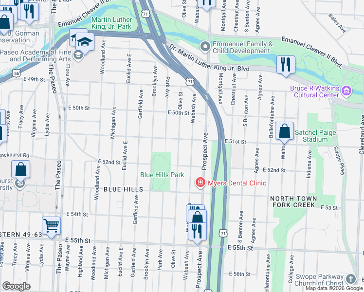 map of restaurants, bars, coffee shops, grocery stores, and more near 5115 Olive Street in Kansas City