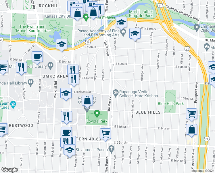 map of restaurants, bars, coffee shops, grocery stores, and more near 5136 The Paseo in Kansas City