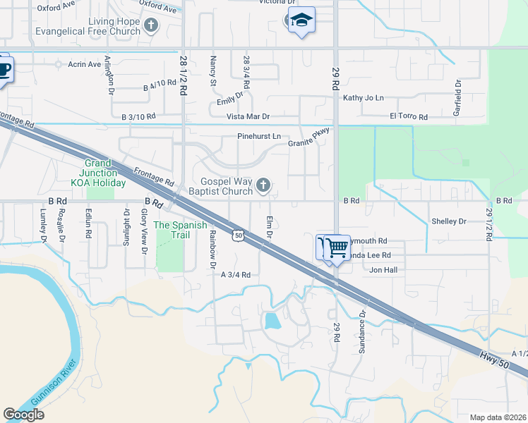 map of restaurants, bars, coffee shops, grocery stores, and more near 190 Elm Drive in Grand Junction