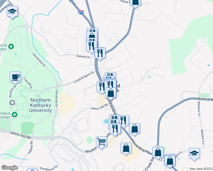 map of restaurants, bars, coffee shops, grocery stores, and more near 2700 Alexandria Way in Highland Heights