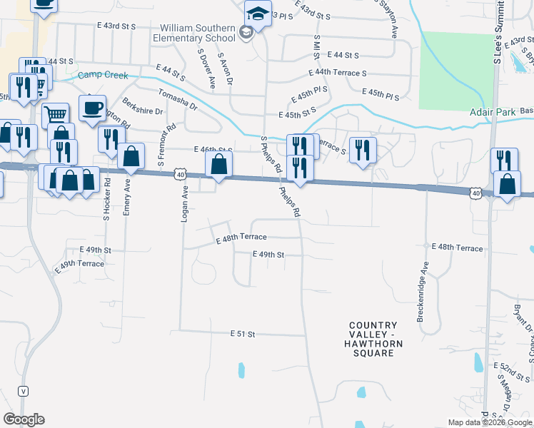 map of restaurants, bars, coffee shops, grocery stores, and more near 15215 East 48th Street in Kansas City