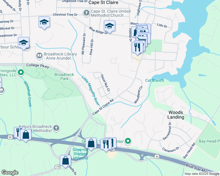 map of restaurants, bars, coffee shops, grocery stores, and more near 1353 Hazel Nut Court in Annapolis