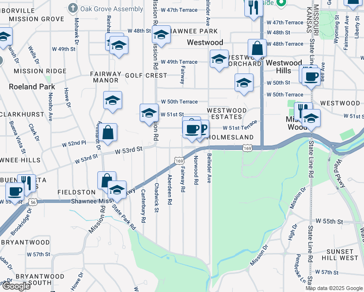 map of restaurants, bars, coffee shops, grocery stores, and more near 2828 Shawnee Mission Parkway in Fairway