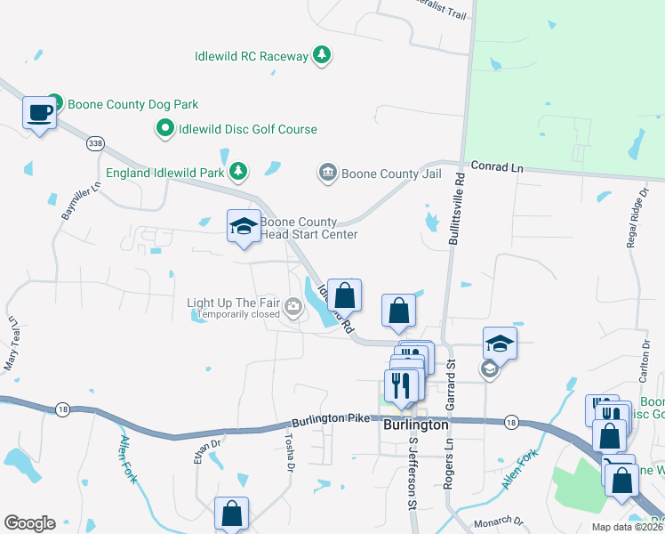 map of restaurants, bars, coffee shops, grocery stores, and more near 5716 Idlewild Road in Burlington