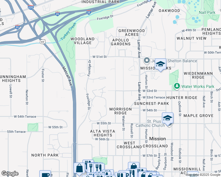 map of restaurants, bars, coffee shops, grocery stores, and more near 5300 Riggs Street in Mission