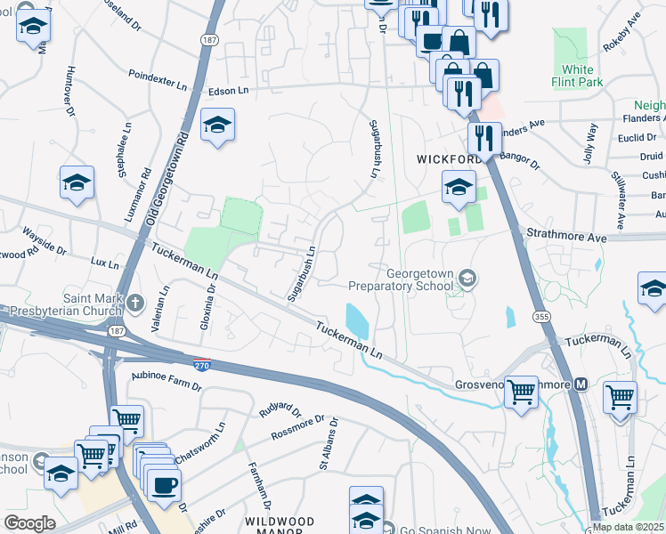 map of restaurants, bars, coffee shops, grocery stores, and more near 5801 Inman Park Circle in Rockville
