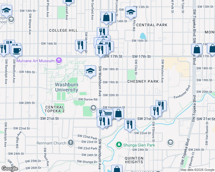 map of restaurants, bars, coffee shops, grocery stores, and more near 1923 Southwest Lane Street in Topeka