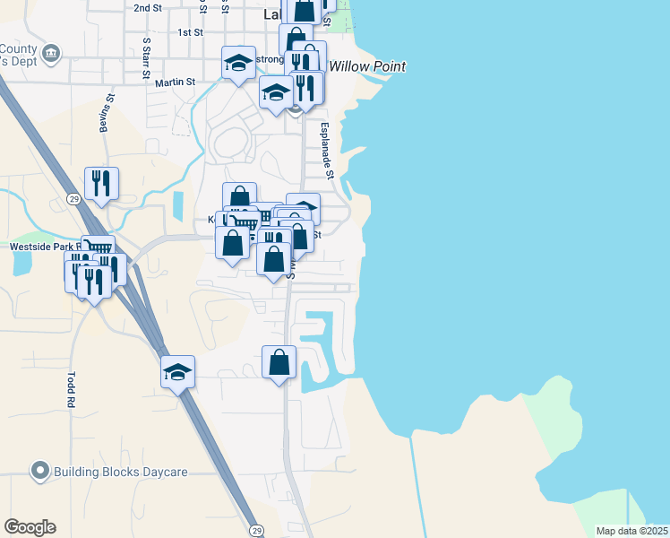 map of restaurants, bars, coffee shops, grocery stores, and more near 15 Royale Avenue in Lakeport