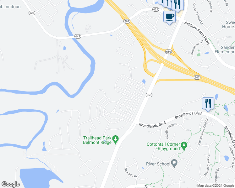 map of restaurants, bars, coffee shops, grocery stores, and more near 20914 Ashburn Heights Drive in Ashburn