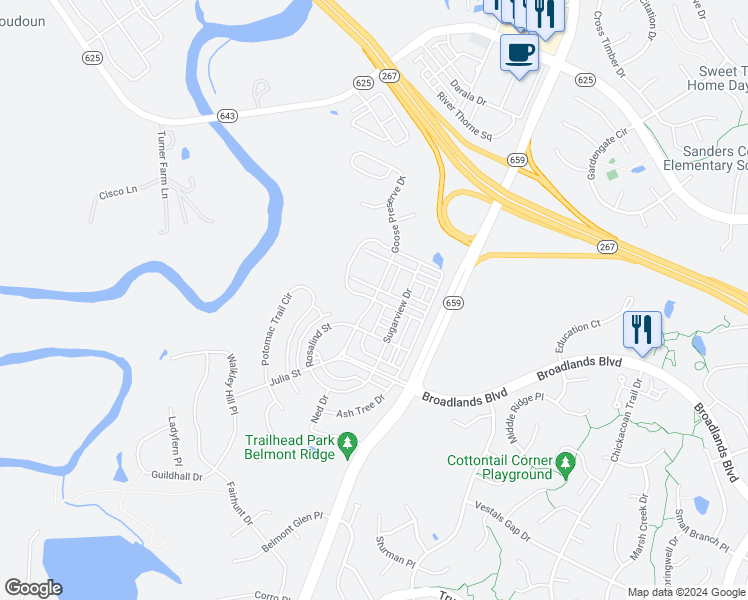 map of restaurants, bars, coffee shops, grocery stores, and more near Ashburn Heights Drive in Ashburn