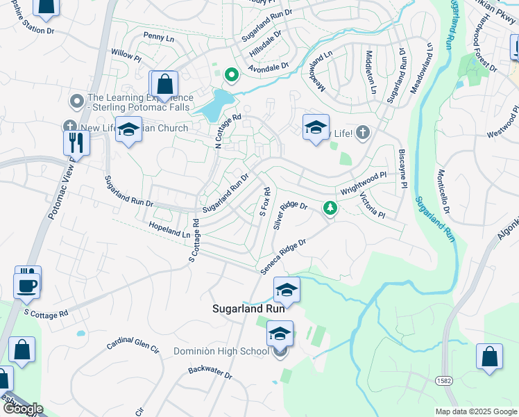 map of restaurants, bars, coffee shops, grocery stores, and more near 121 South Fox Road in Sterling