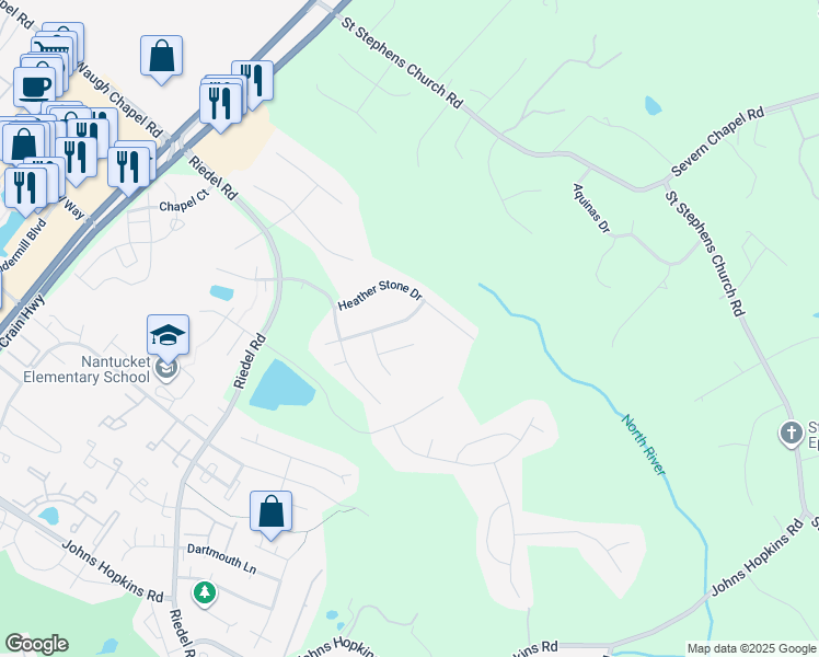 map of restaurants, bars, coffee shops, grocery stores, and more near 2407 Valley Brook Lane in Gambrills