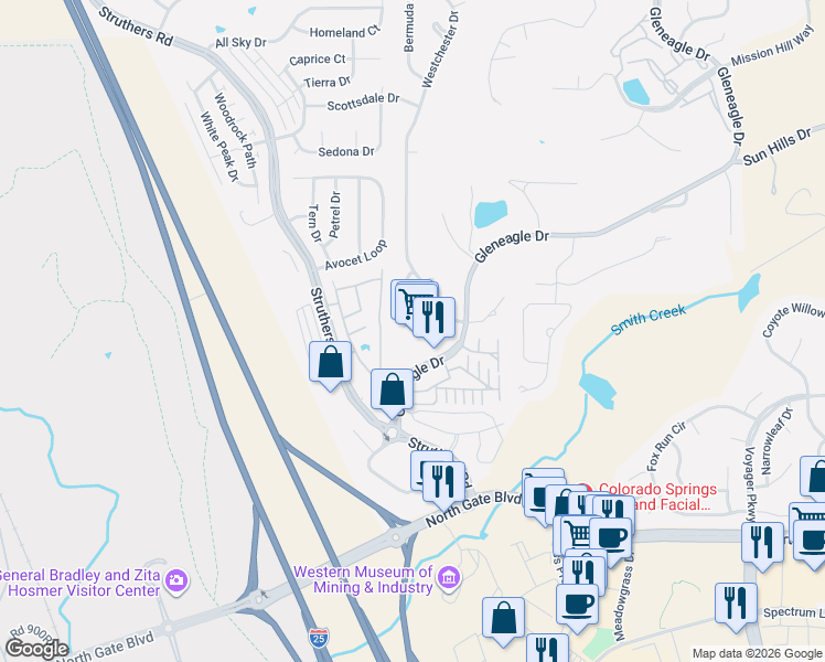 map of restaurants, bars, coffee shops, grocery stores, and more near 13828 Gleneagle Drive in Colorado Springs